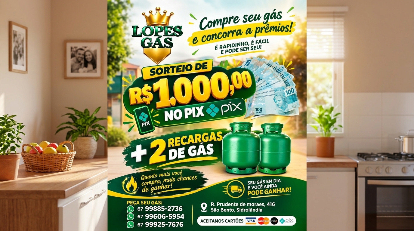 Compre seu Gás na Lopes Gás e Concorra a R$ 1.000,00 no PIX + 2 Recargas Grátis!